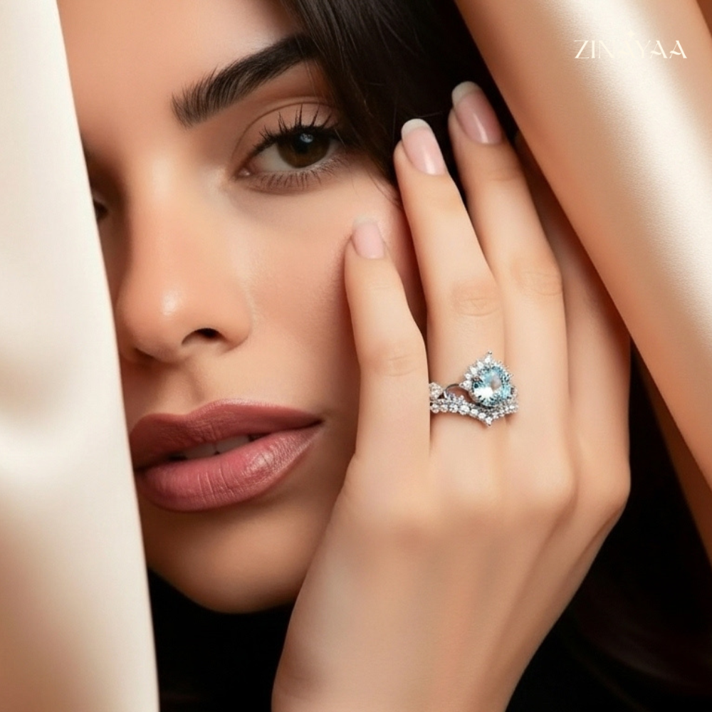 925 Sterling Silver Sky Blue Halo Adjustable Ring