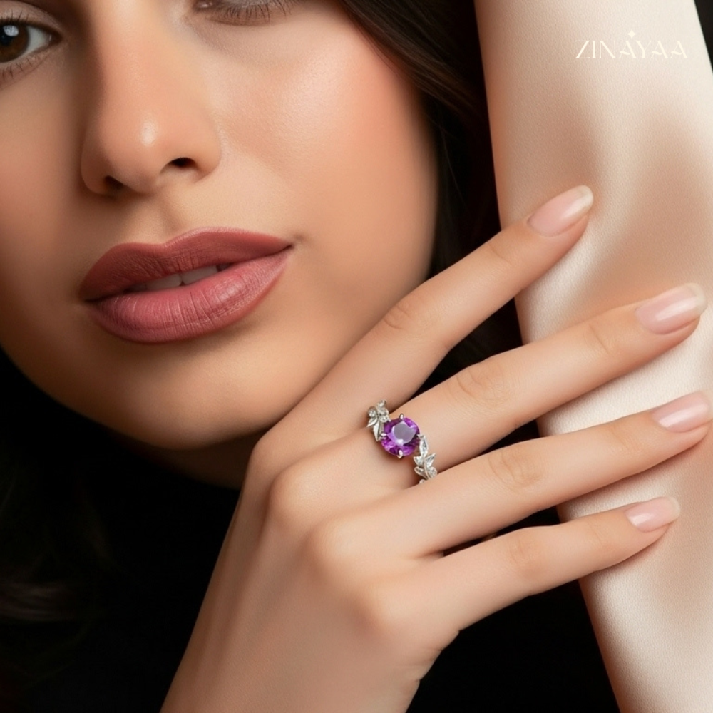 925 Sterling Silver Floral Amethyst Adjustable Ring