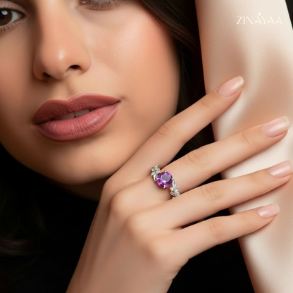 925 Sterling Silver Floral Amethyst Adjustable Ring