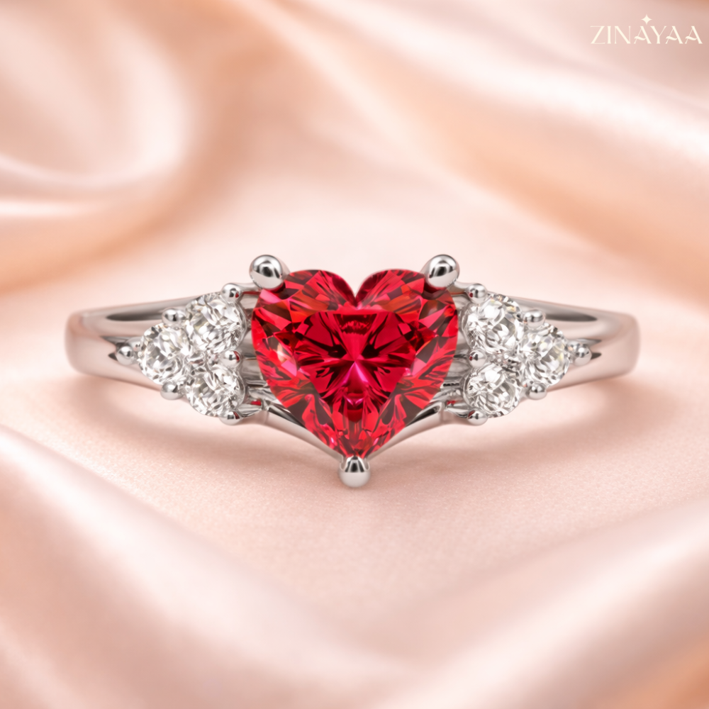 92.5 Sterling Silver Heart-Cut Red Stone Accent Ring for Women