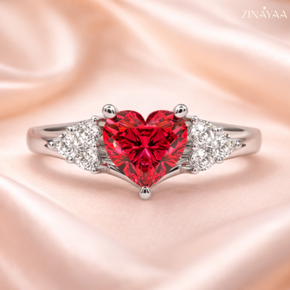 92.5 Sterling Silver Heart-Cut Red Stone Accent Ring for Women