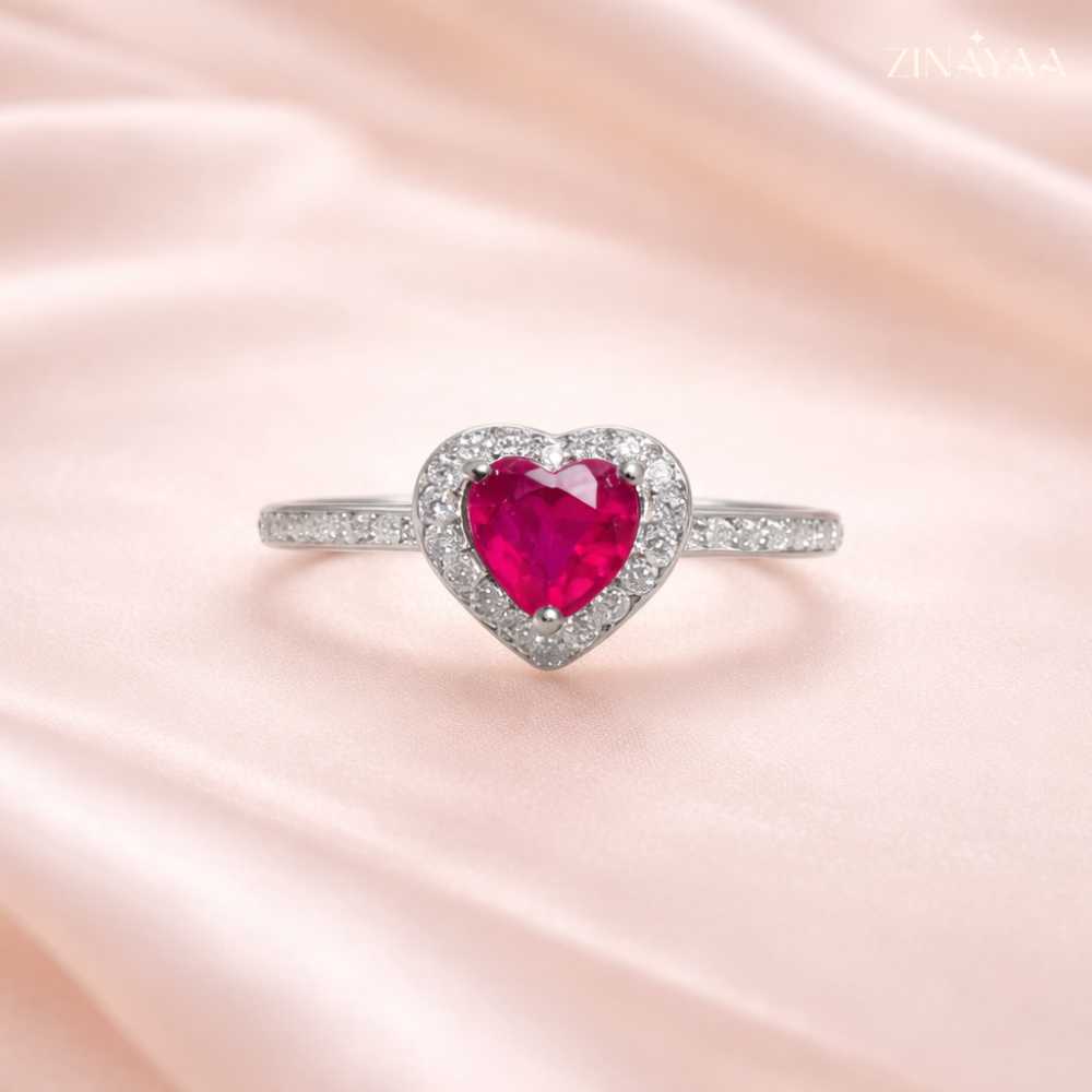92.5 Sterling Silver Heart Halo Pink Stone Ring For Women
