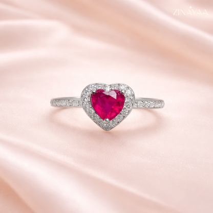 92.5 Sterling Silver Heart Halo Pink Stone Ring For Women