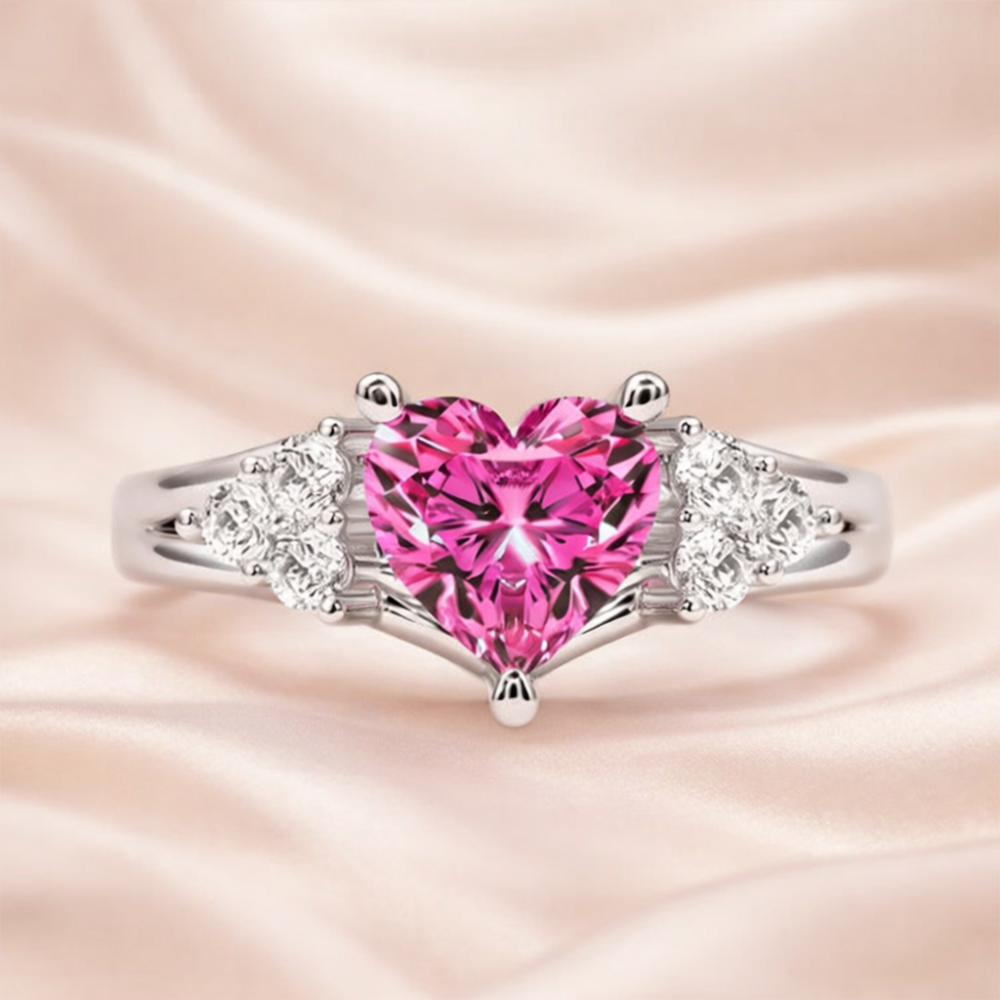 92.5 Sterling Silver Adjustable Three-Stone Pink Heart Ring