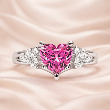 92.5 Sterling Silver Adjustable Three-Stone Pink Heart Ring