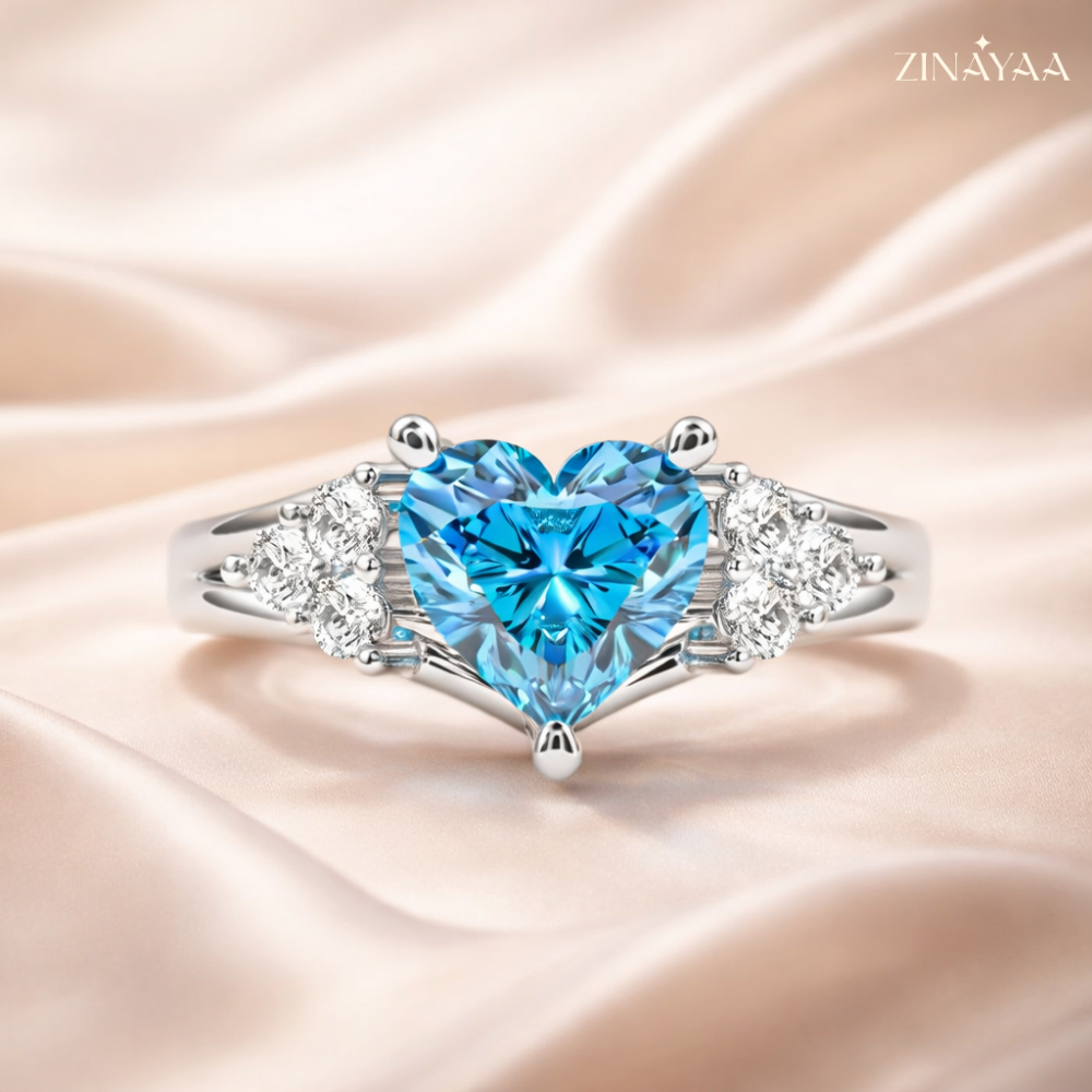 92.5 Sterling Silver Adjustable Blue Heart Three-Stone Ring