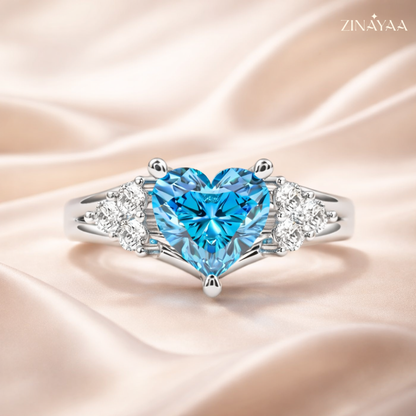92.5 Sterling Silver Adjustable Blue Heart Three-Stone Ring