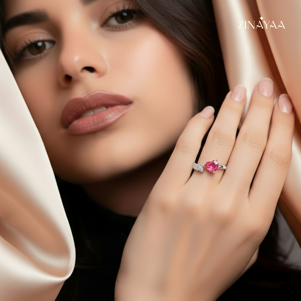 925 Sterling Silver Pink Heart Adjustable Ring