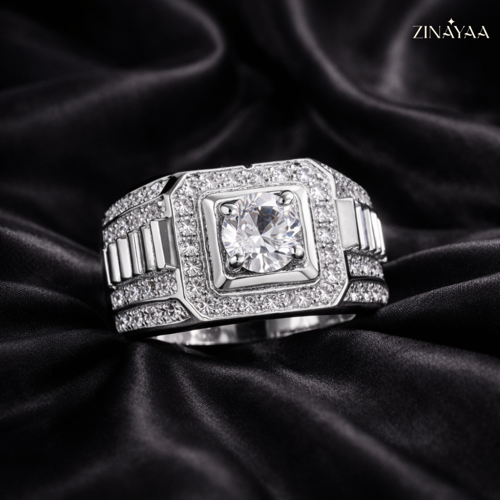 92.5 Sterling Silve Mens Regal Square Halo Adjustable Ring