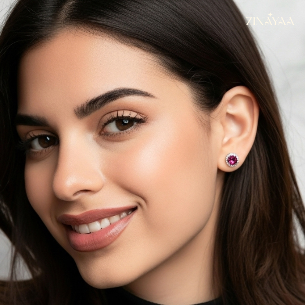 925 Sterling Silver Pink Halo Stud Earrings