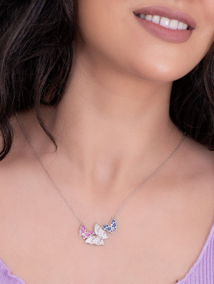 92.5 Sterling Silver Trio Butterfly Necklace