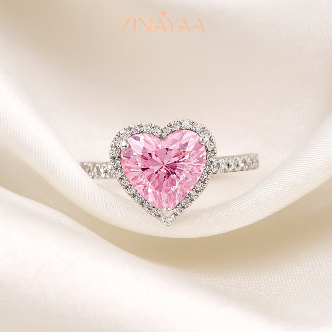 92.5 Sterling Silver Adjustable Pink Heart Halo Ring