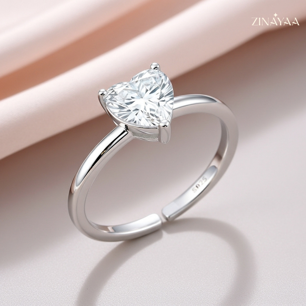 92.5 Sterling Silver Adjustable Heart Solitaire Ring