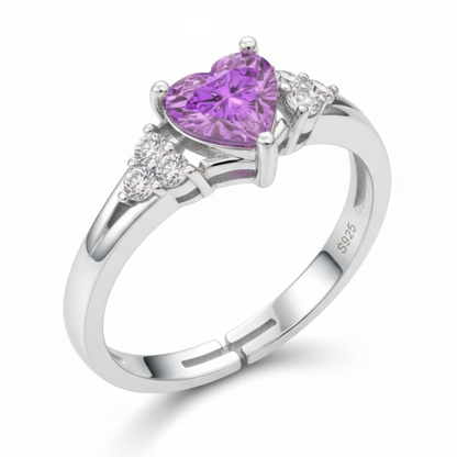 92.5 Sterling Silver Heart-Cut Purple Stone Ring for Women