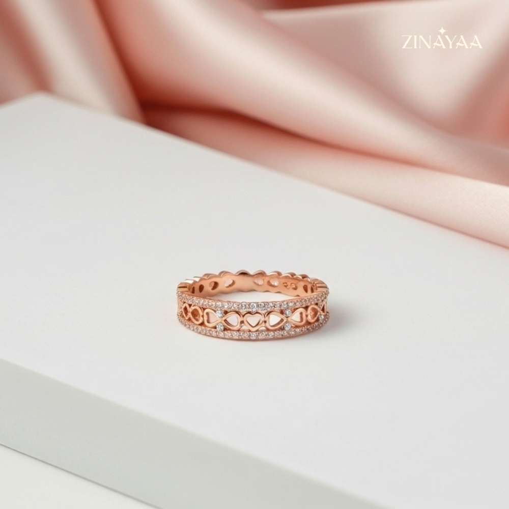 925 Sterling Silver Rose Gold Heart Band Adjustable Ring