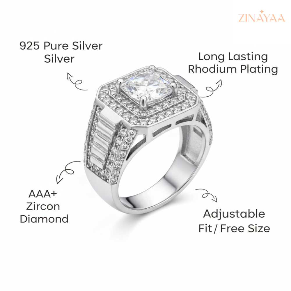 92.5 Sterling Silve Mens Regal Square Halo Adjustable Ring
