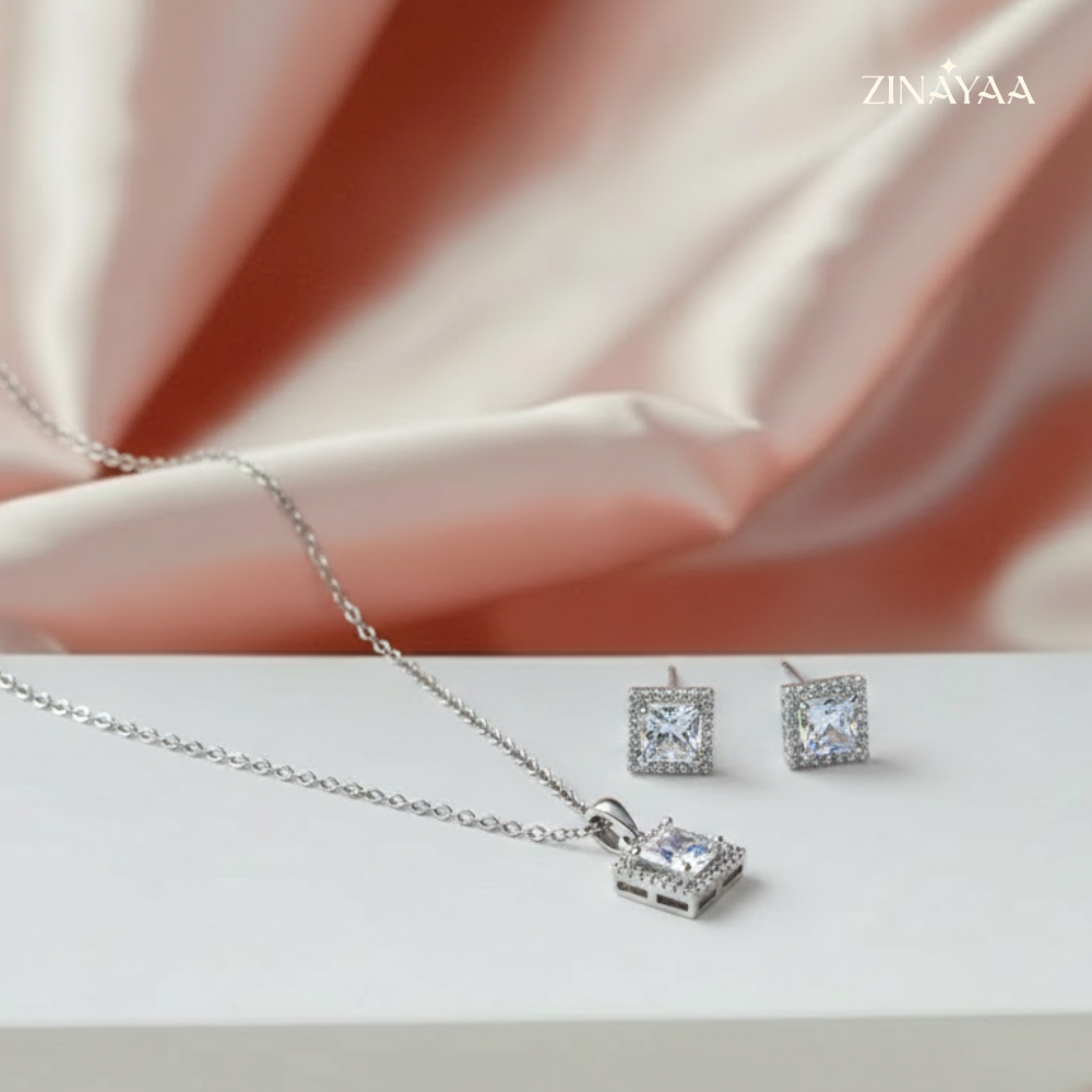 925 Sterling Silver Princess Halo Necklace & Earrings Set
