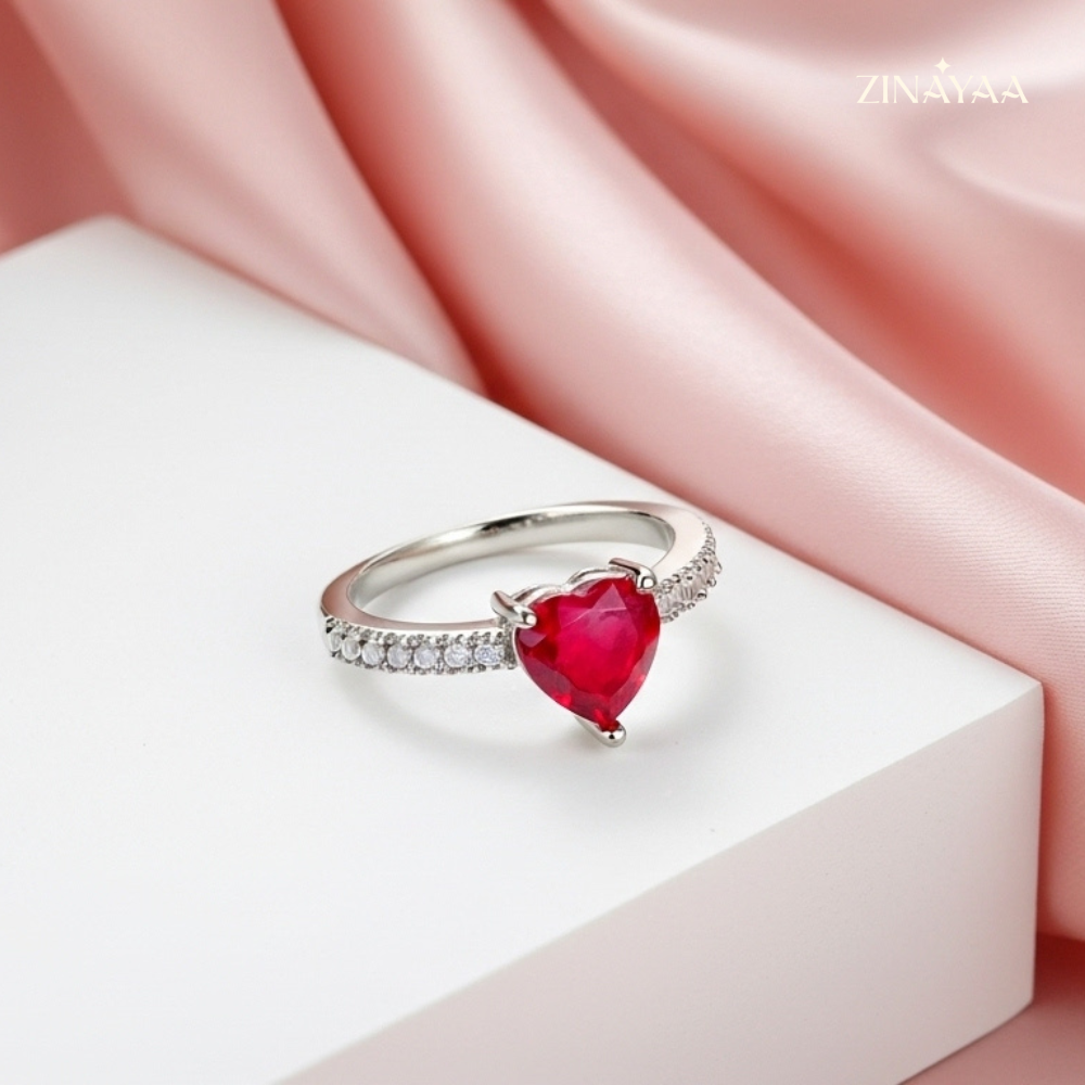 925 Sterling Silver Ruby Heart Adjustable Ring