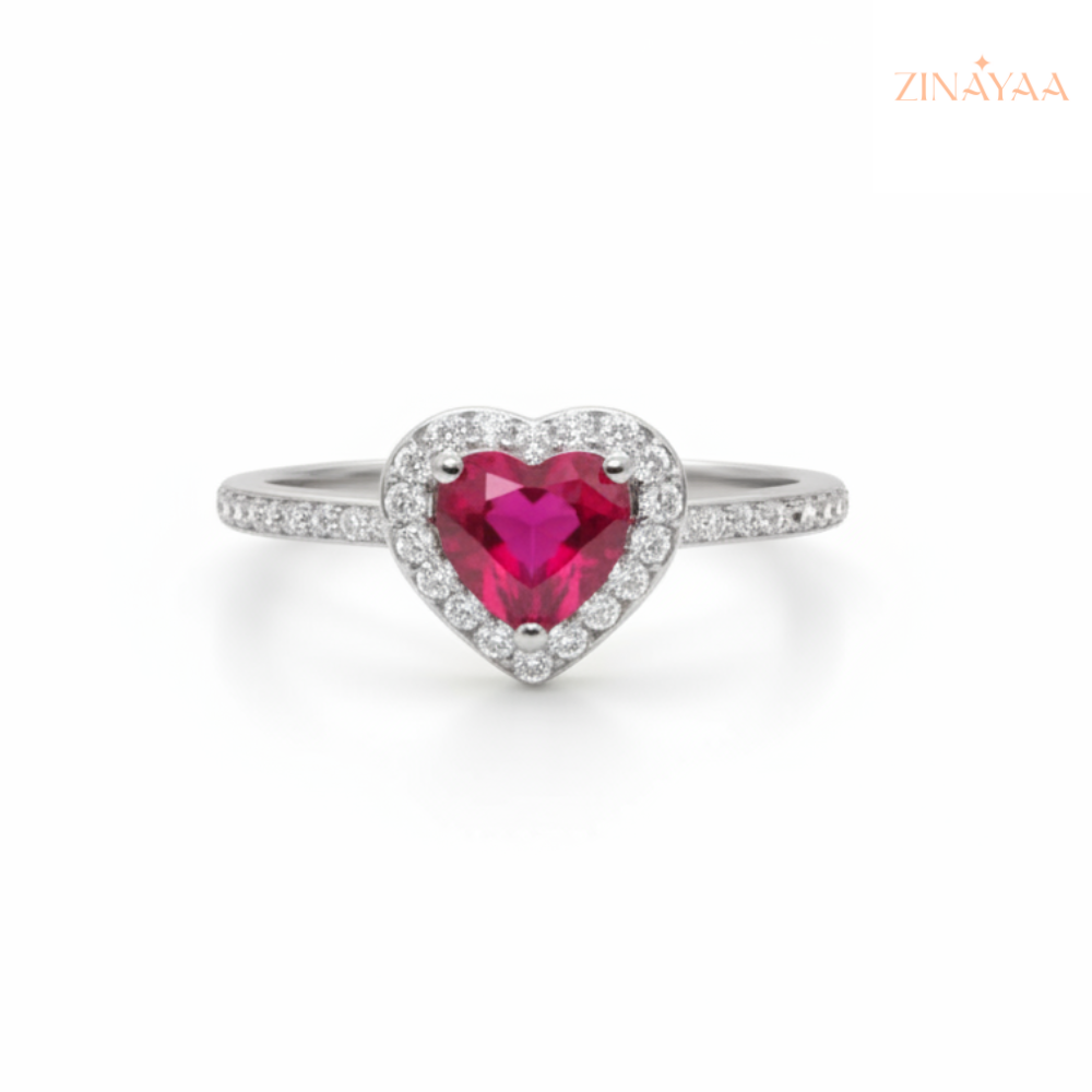 92.5 Sterling Silver Heart Halo Pink Stone Ring For Women