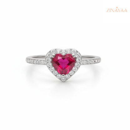92.5 Sterling Silver Heart Halo Pink Stone Ring For Women