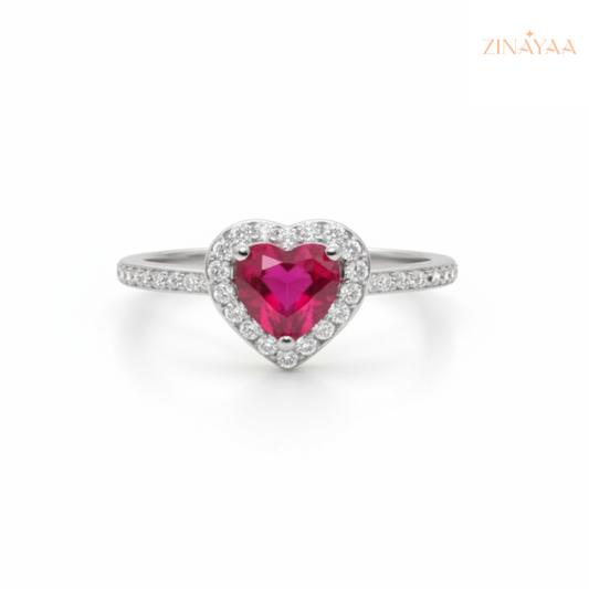 92.5 Sterling Silver Heart Halo Pink Stone Ring For Women
