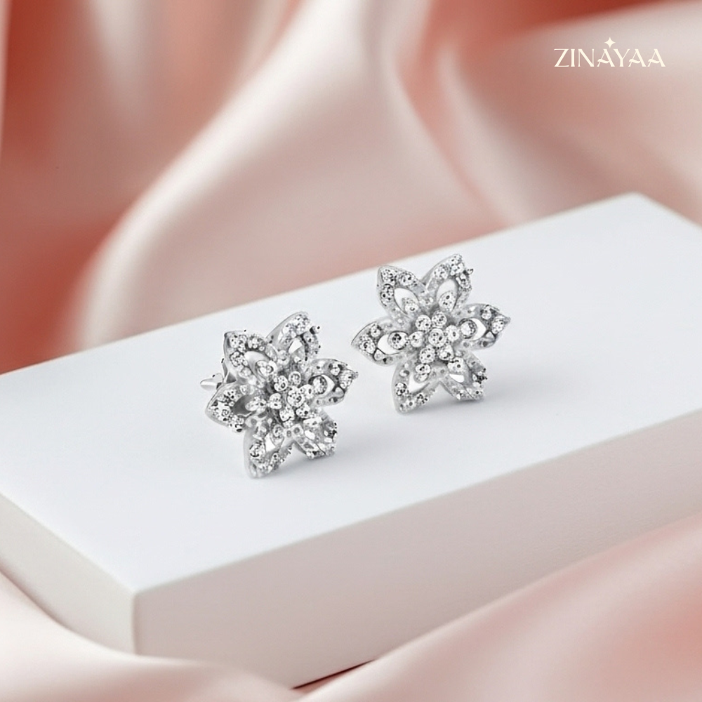 925 Sterling Silver Floral Sparkle Stud Earrings