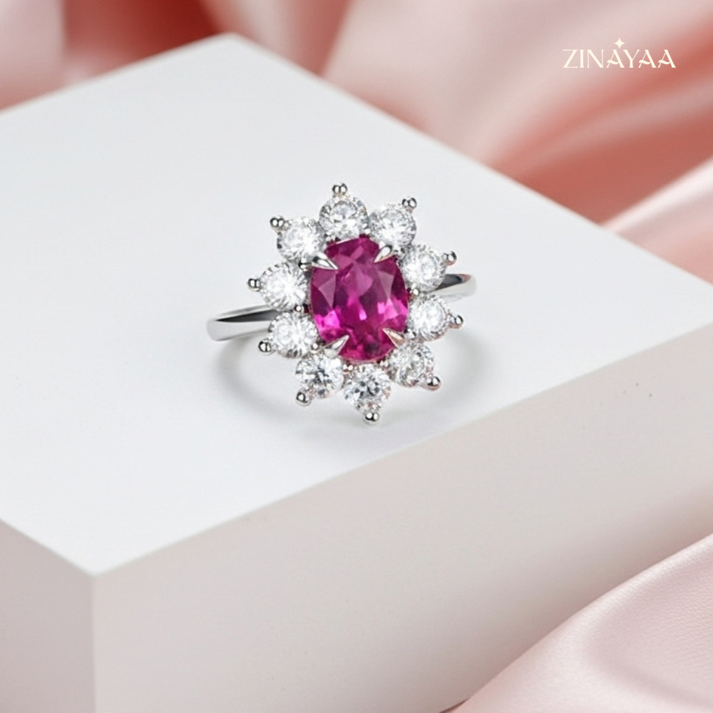 925 Sterling Silver Ruby Bloom Statement Adjustable Ring