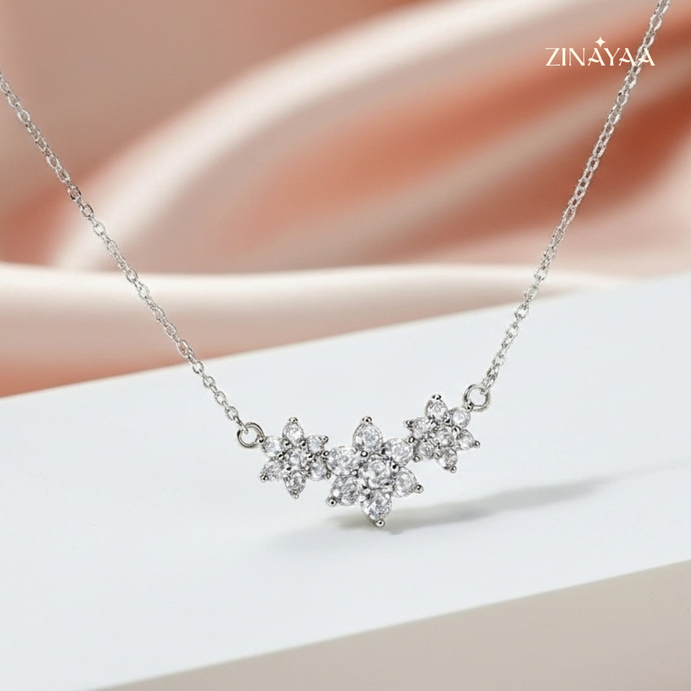 925 Sterling Silver Floral Sparkle Adjustable Necklace
