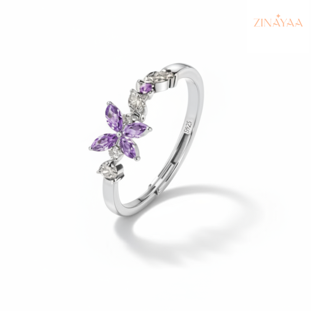 92.5 Sterling Silver Purple Floral Accent Ring For Women