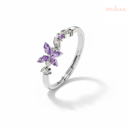 92.5 Sterling Silver Purple Floral Accent Ring For Women