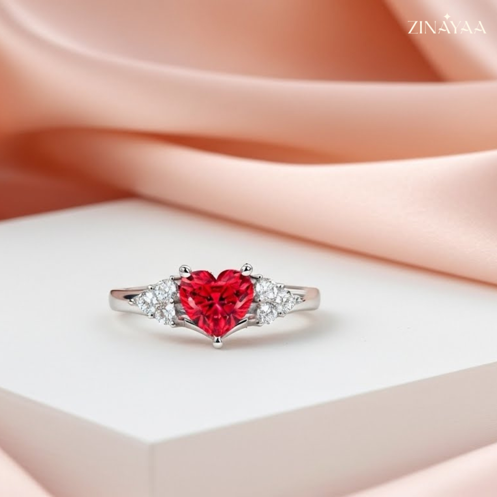 92.5 Sterling Silver Heart-Cut Red Stone Accent Ring for Women