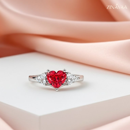 92.5 Sterling Silver Heart-Cut Red Stone Accent Ring for Women