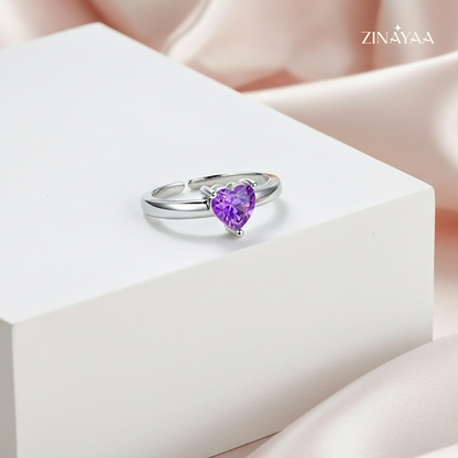 925 Sterling Silver Purple Heart Solitaire Adjustable Ring
