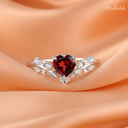 92.5 Sterling Silver Crimson Blossom Heart Women’s Adjustable Ring