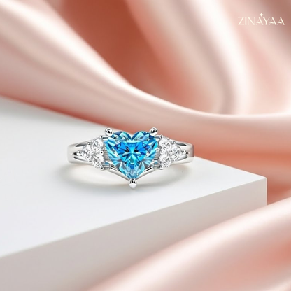 92.5 Sterling Silver Adjustable Blue Heart Three-Stone Ring