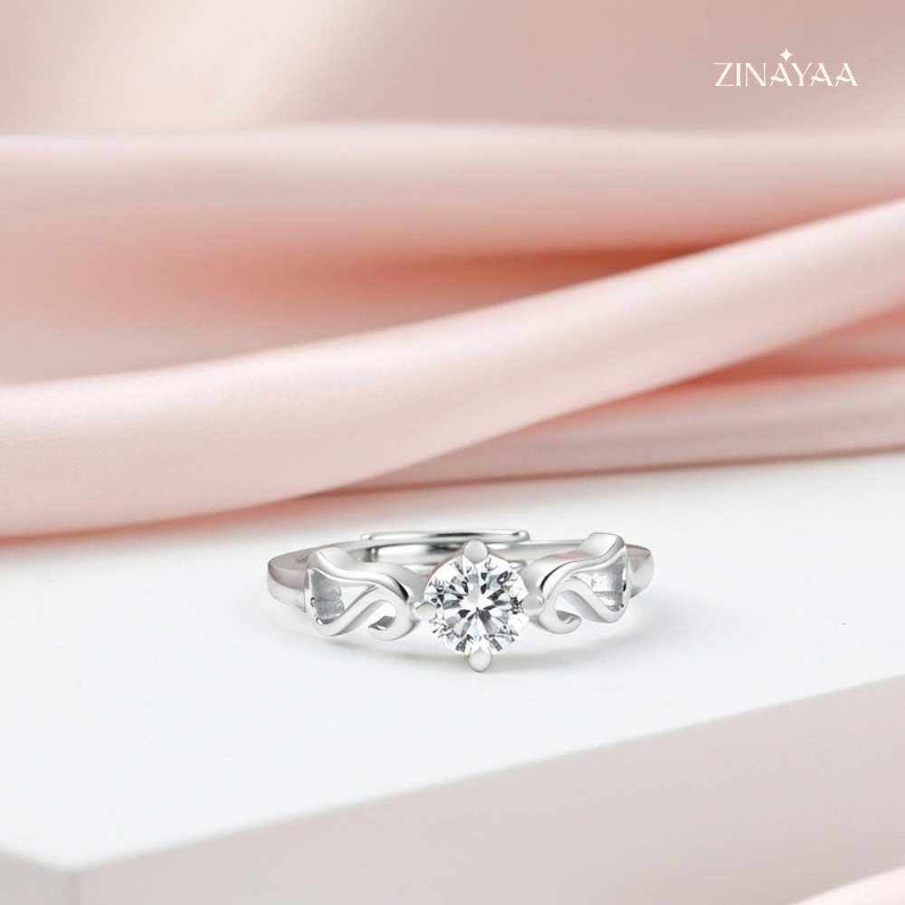 925 Sterling Silver  Heart Accent Solitaire Adjustable Ring