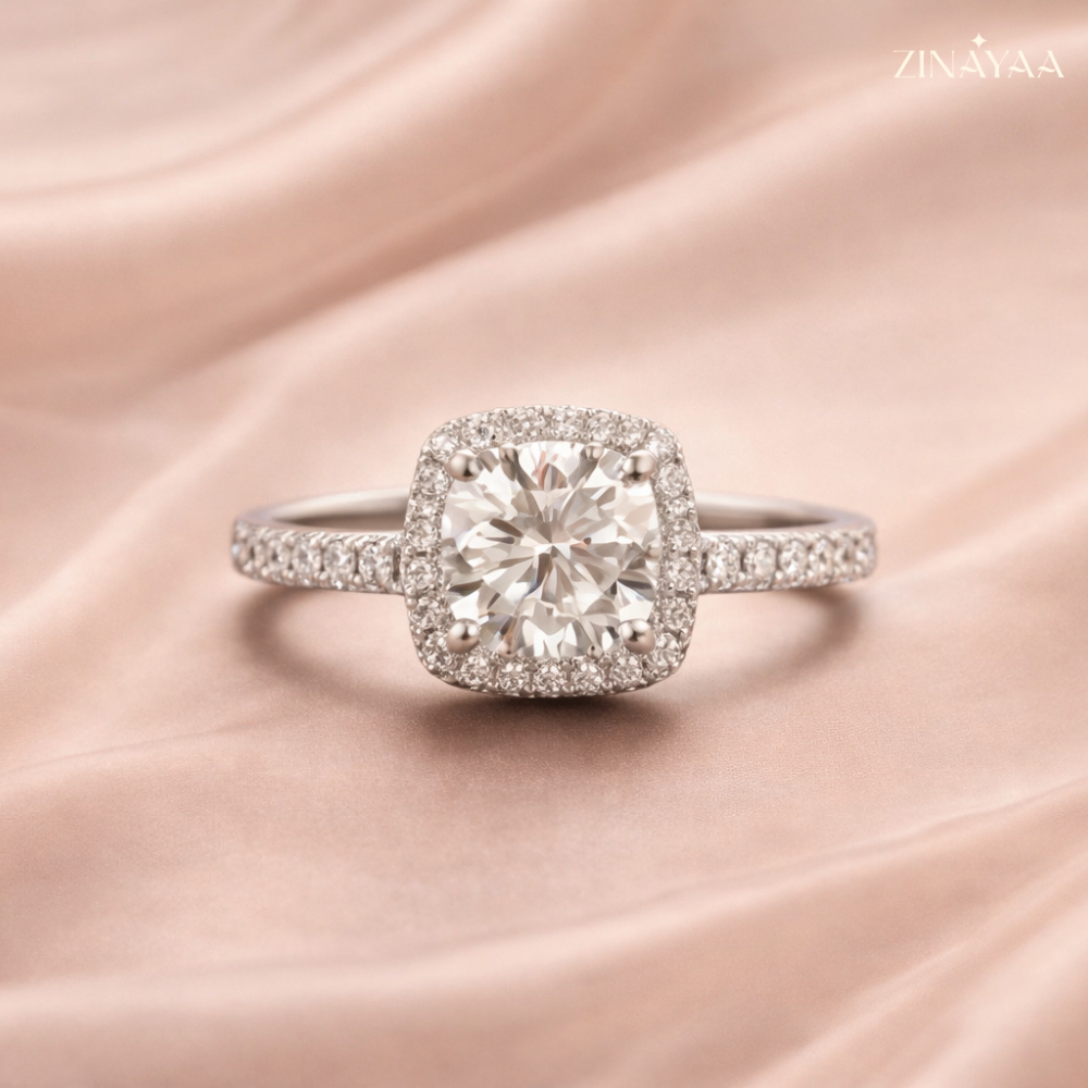 92.5 Sterling Silver Cushion Halo Solitaire Ring For Women