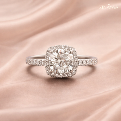 92.5 Sterling Silver Cushion Halo Solitaire Ring For Women