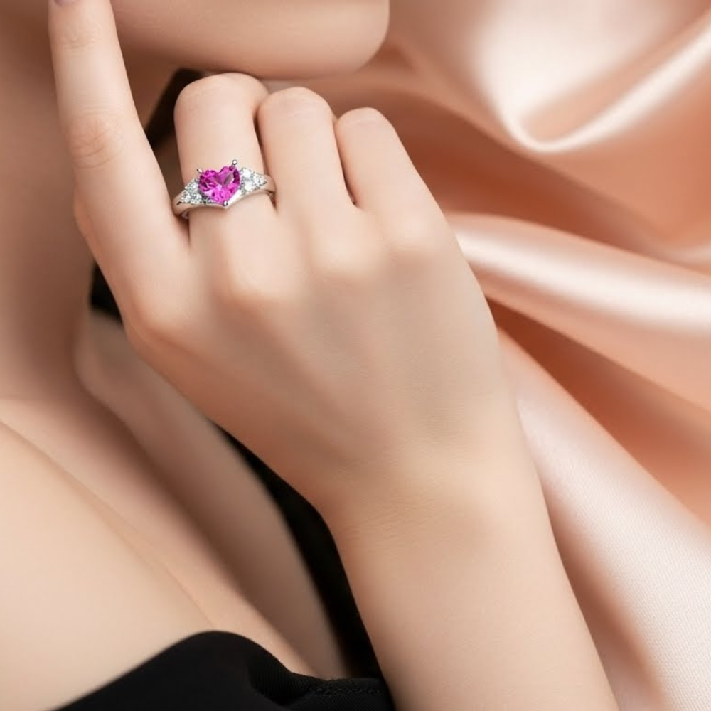 92.5 Sterling Silver Adjustable Three-Stone Pink Heart Ring