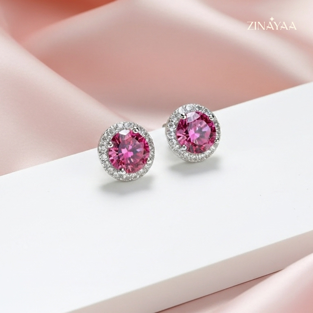 925 Sterling Silver Pink Halo Stud Earrings