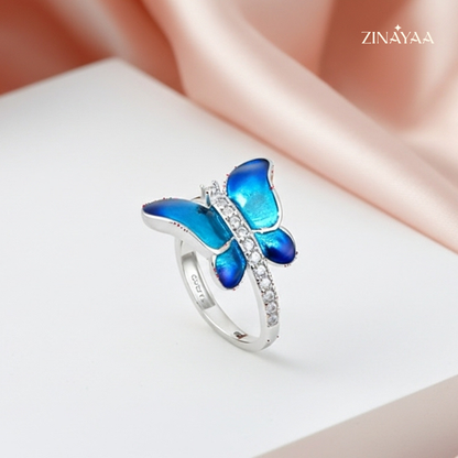 925 Sterling Silver Blue Butterfly Statement AdjustableRing