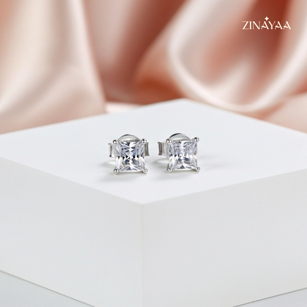 925 Sterling Silver Princess-Cut Solitaire Stud Earrings