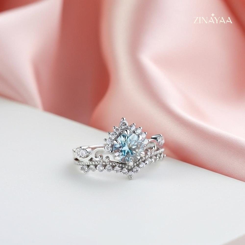 925 Sterling Silver Sky Blue Halo Adjustable Ring