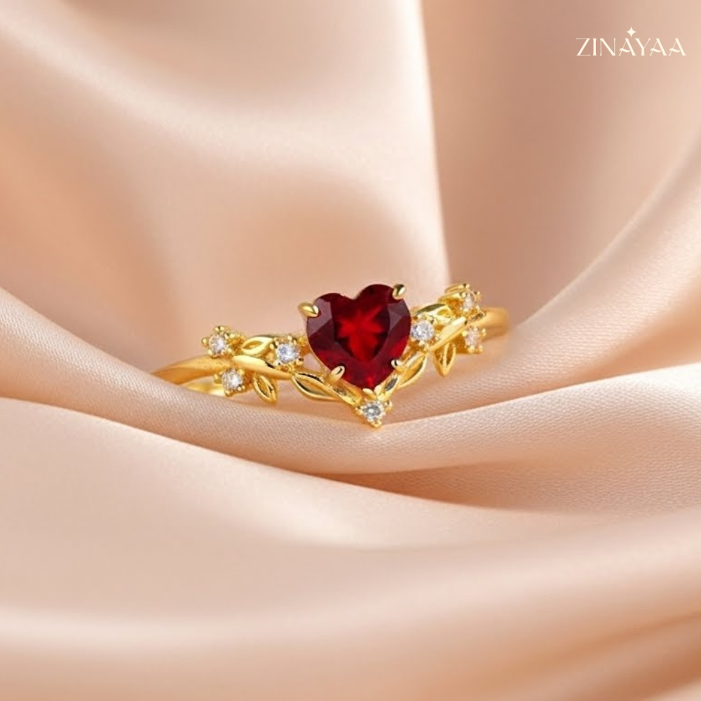 92.5 Sterling Silver Gold Heart-Cut Red Stone Ring For Women