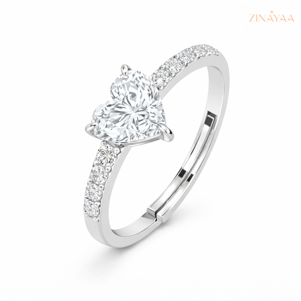 92.5 Sterling Silver Adjustable Heart-Cut Solitaire Ring