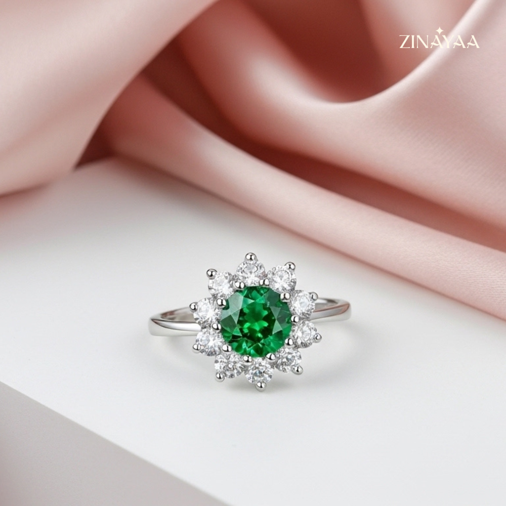 925 Sterling Silver Green Floral Halo Adjustable Ring