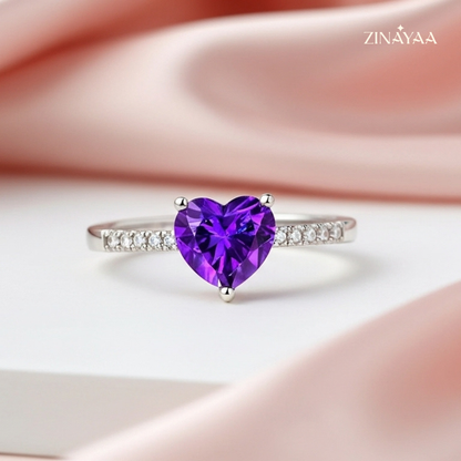 925 Sterling Silver Purple Heart Sparkle Adjustable Ring