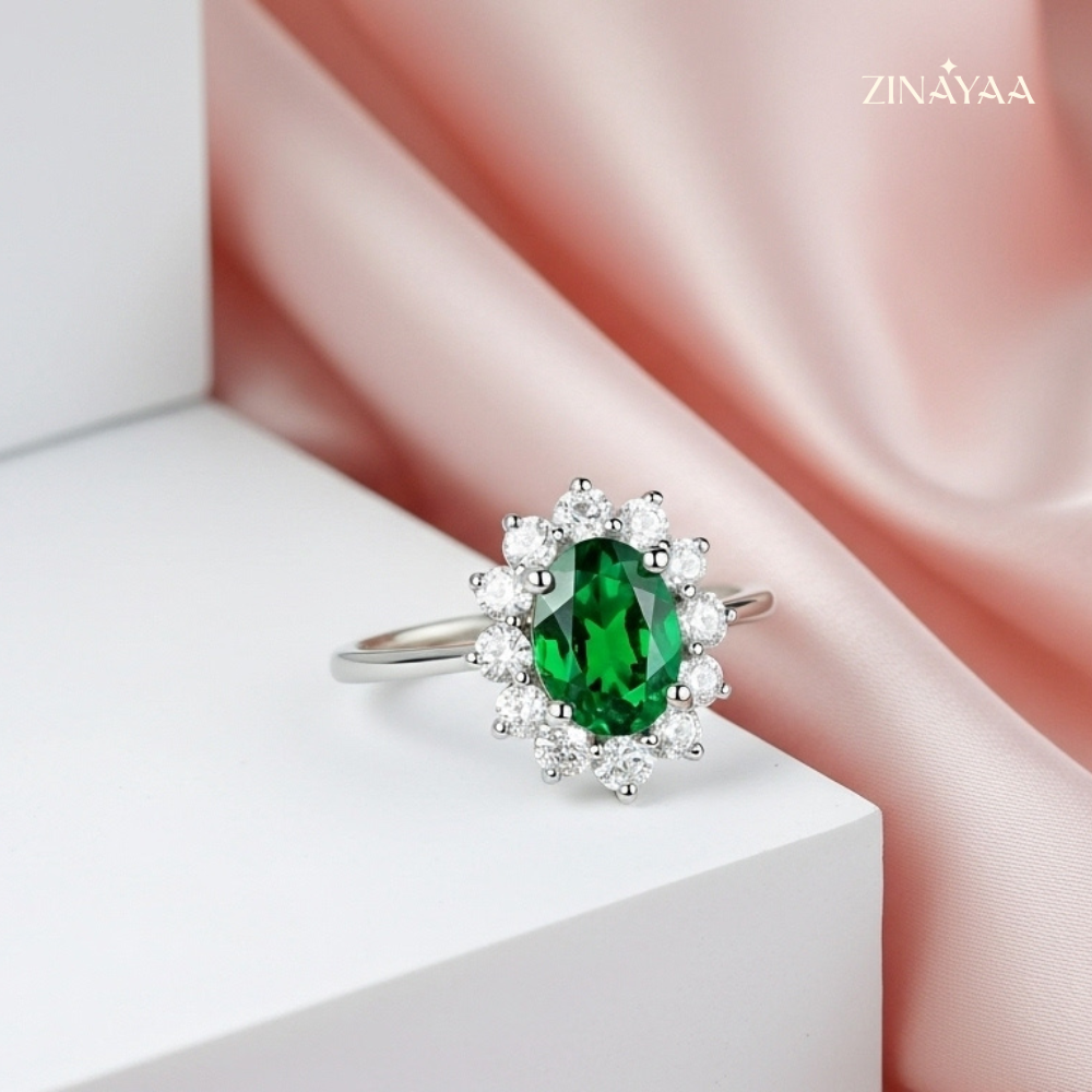 925 Sterling Silver Emerald Halo Adjustable Ring