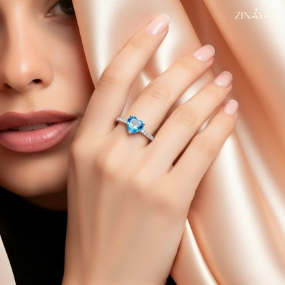 925 Sterling Silver Blue Heart Adjustable Ring for Women