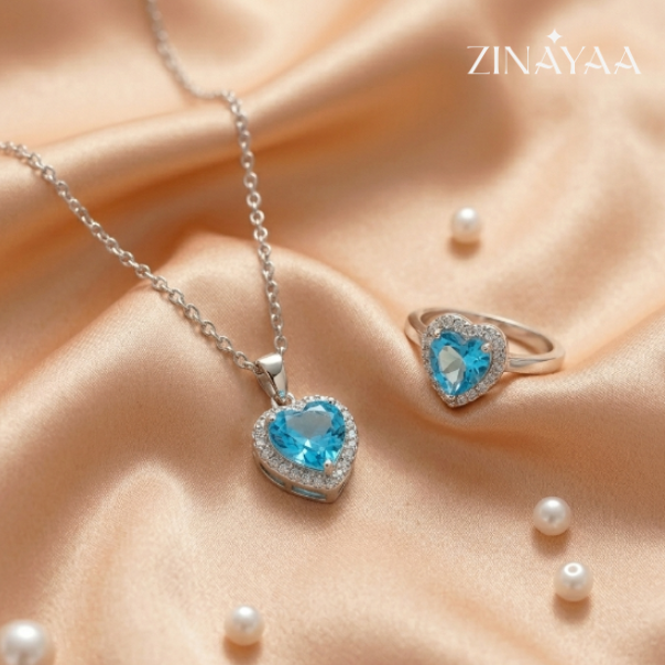 925 Sterling Silver Blue Heart Halo Jewellery Set – Pendant Necklace & Adjustable Ring
